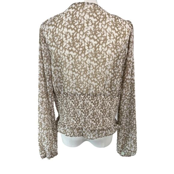 Nine Britton Cream Tan Pattern Smocked Sheer Blouse | Size L | Long Sleeve - Picture 5 of 8